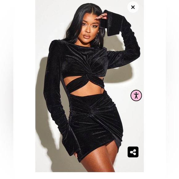 PrettyLittleThing Dresses & Skirts - Black Velvet Twisted Cut Out Detail Ruched Sleeve Bodycon Dress